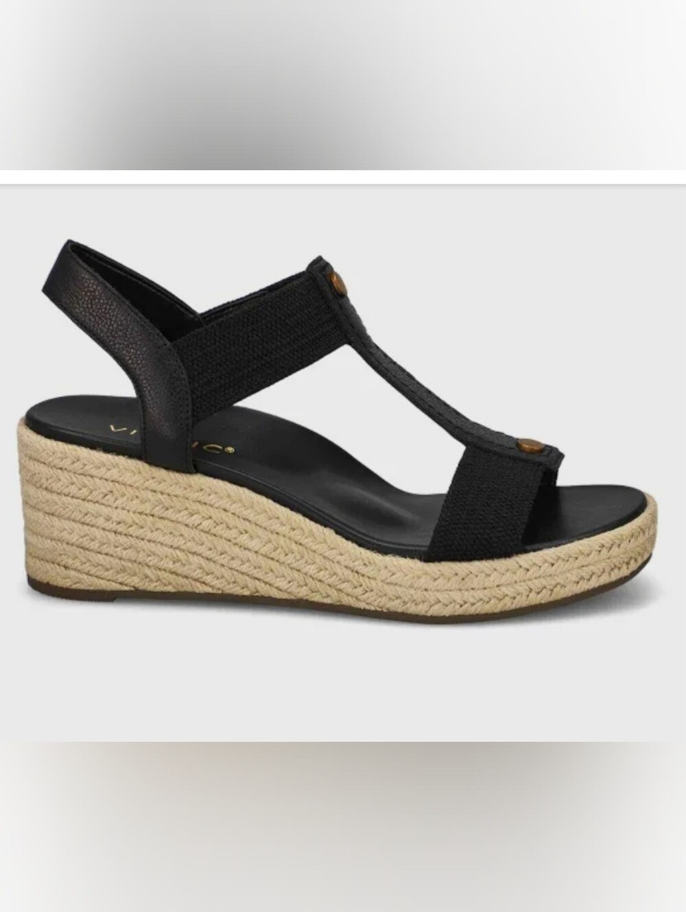 Vionic Calera Black Leather Espadrille Slingback Wedge Sandals 2.5" Heels